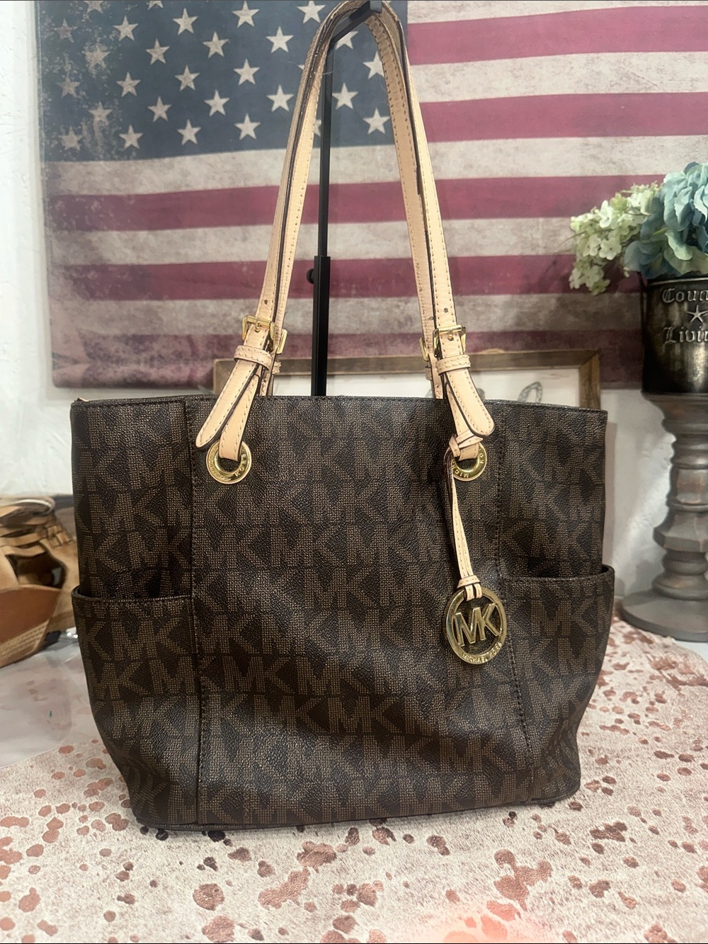 Michael Kors Brown MK Signature Tote with Tan Straps